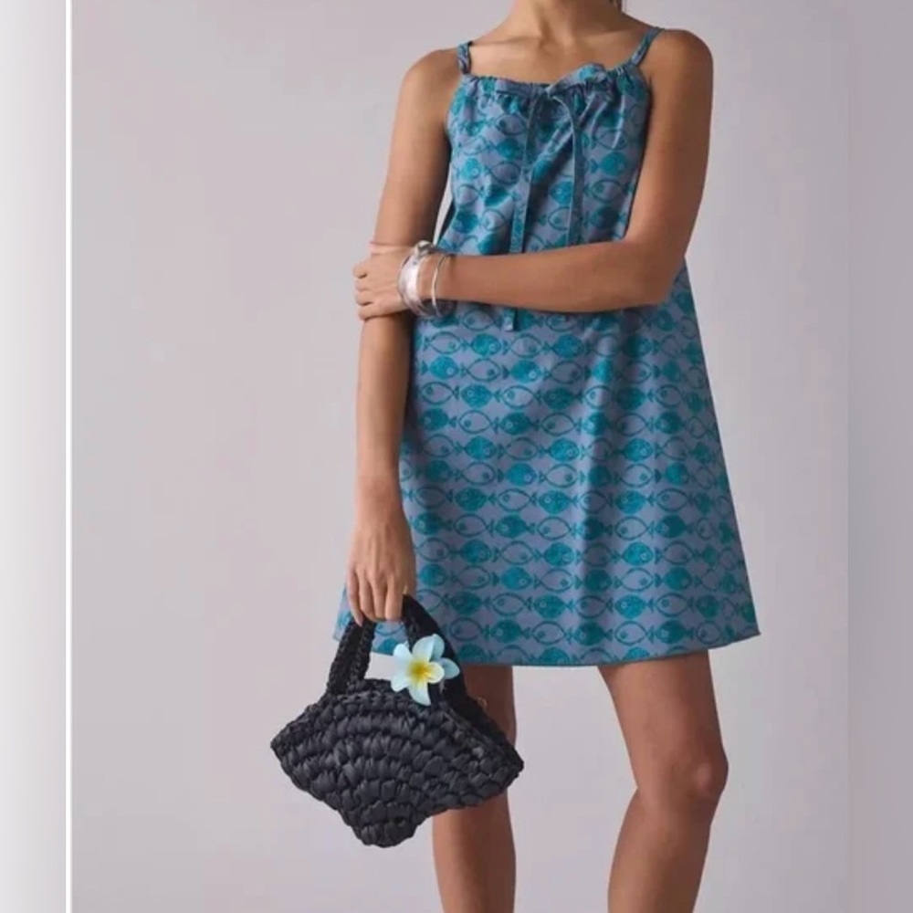 BDG Urban Outfitters Small Eva Tie Front Adj Strap Trapeze Mini Dress Blue Fish